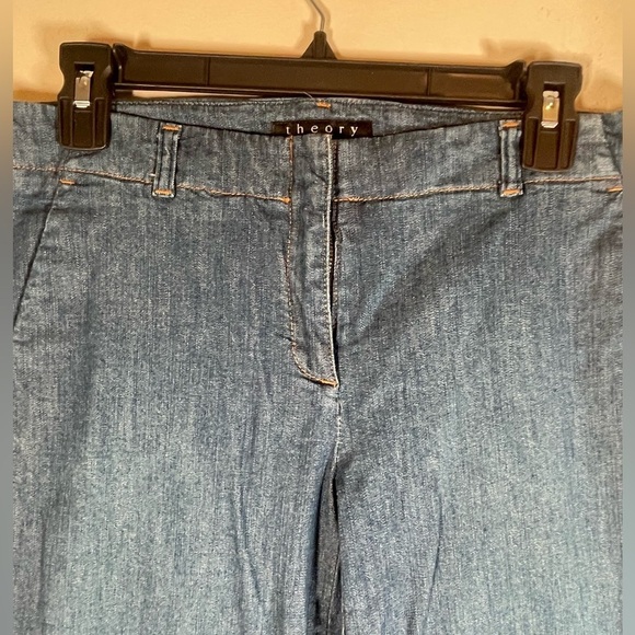 Theory Straight Wide Leg Flare Denim Trousers Jeans Womens 6 Blue Cotton Stretch - Picture 5 of 16
